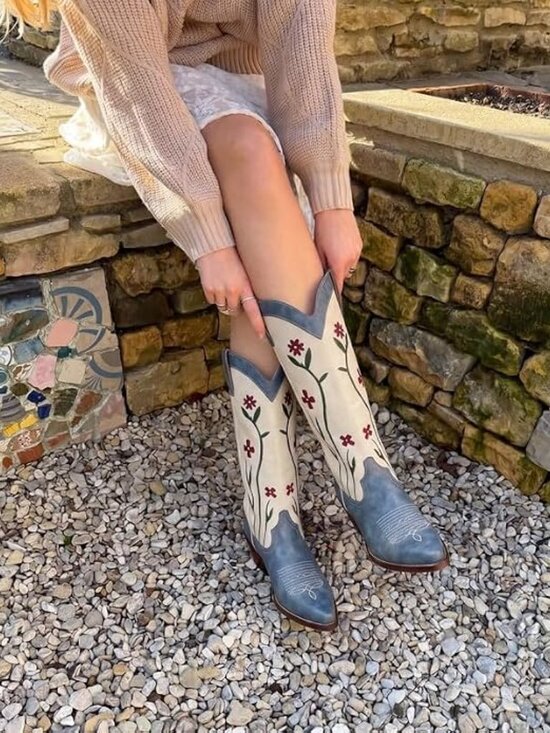 Shoes - Women's Blue Faux Leather Floral Embroidered Cowgirl Knee High Western Heel Boot